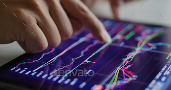 Finger touch on tablet computer with stock market data stock photo NULLED