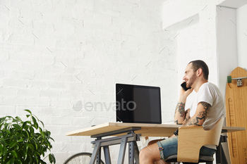 Freelancer with many hobbies working at home set stock photo NULLED