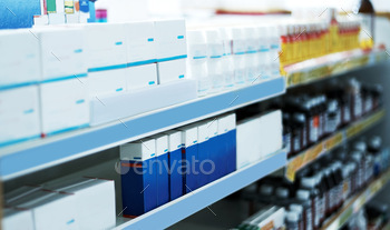 Shot of shelves stocked with various medicinal products in a pharmacy stock photo NULLED