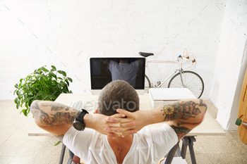 Freelancer with many hobbies working at home set stock photo NULLED
