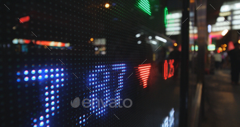 Display screen showing stock market prices at night