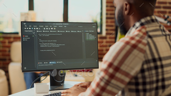 Freelancer admin programming html code on computer stock photo NULLED