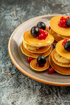 Vertical view of fruit pancakes breakfast stock image