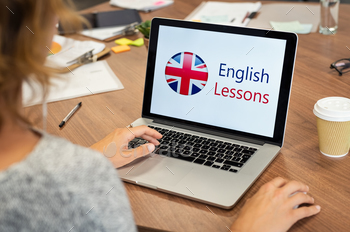 Woman learning english online stock photo NULLED