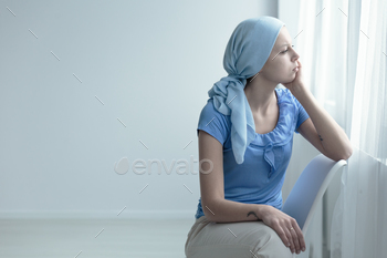 Woman with oncology disease stock photo NULLED