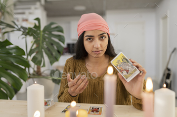 fortune teller woman, gypsy woman, gypsy woman, indian, at home stock photo NULLED